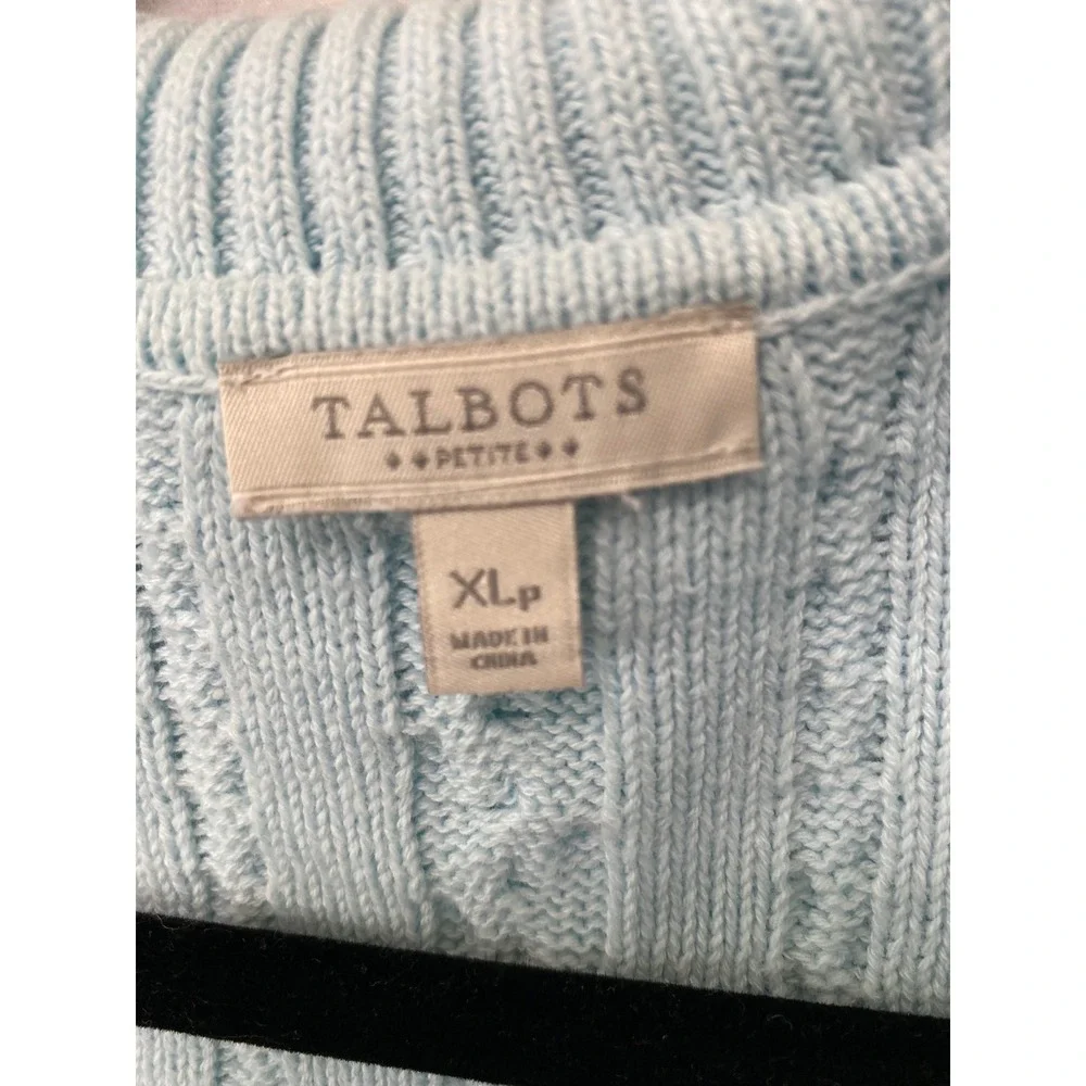 Talbots Cable Knit Sweater Womens XLp Light Blue V-Neck Collared Cotton Pullover